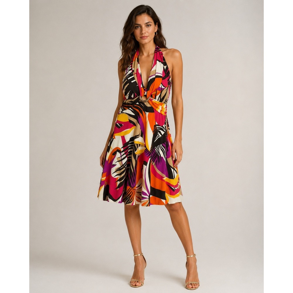 Y2K My Michelle Halter Dress Tropical Palm Leaf Womens Large Pink Orange